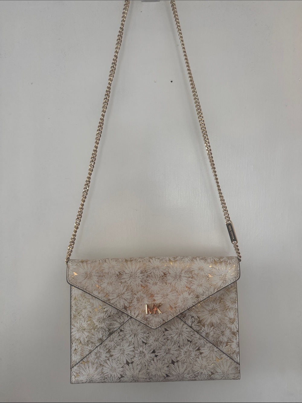 Michael Kors White Floral Envelope Crossbody with Gold Chain